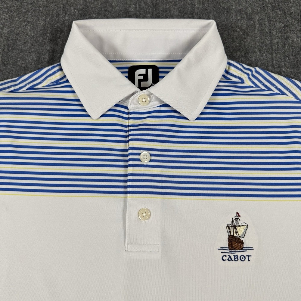 FootJoy FJ Men's Golf Polo Shirt M White Blue Stripe Cabot Logo Performance